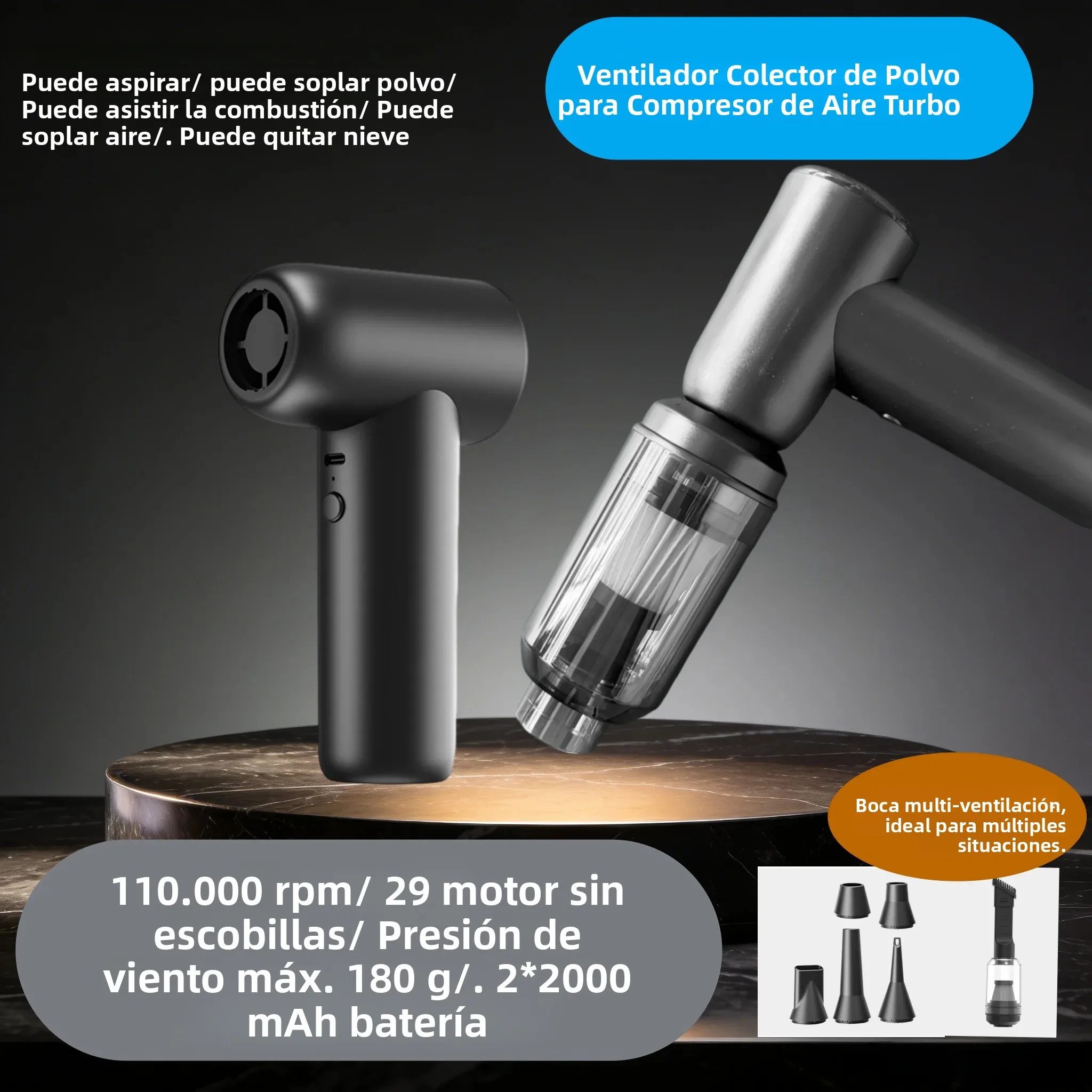 Ventilador de chorro con motor sin escobillas de 110 000 rpm, soplador de aire comprimido de 4000 mAh, 180 g de empuje, soplador turbo portátil para la limpieza de ordenadores y coches, con pantalla LED