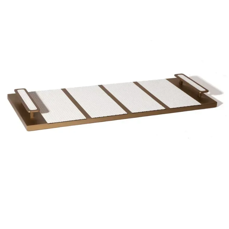 Modern simple high-end woven leather metal tray with handle storage tray decorative ornament