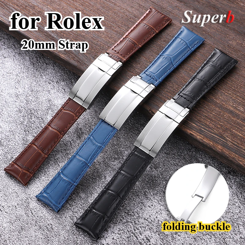 

Calfskin Leather Watch Strap Slub Pattern Bracelet 20mm For Rolex SUBMARINER for Daytona Folding Buckle Watchband Accessories