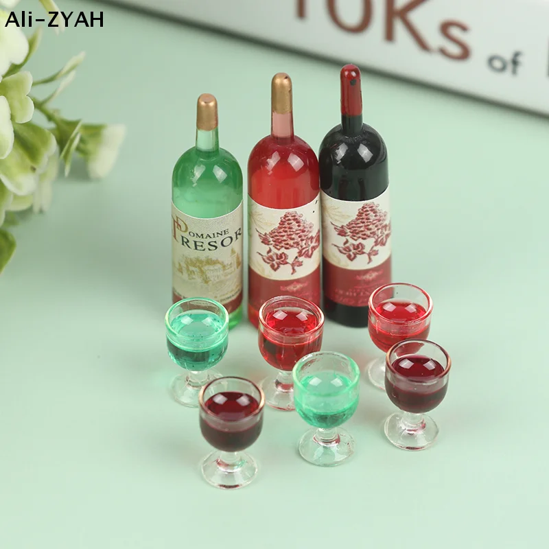 3 pièces/ensemble 1/12 Miniature de maison de poupée Simulation de bouteille de vin Verre à vin Modèle Jouets