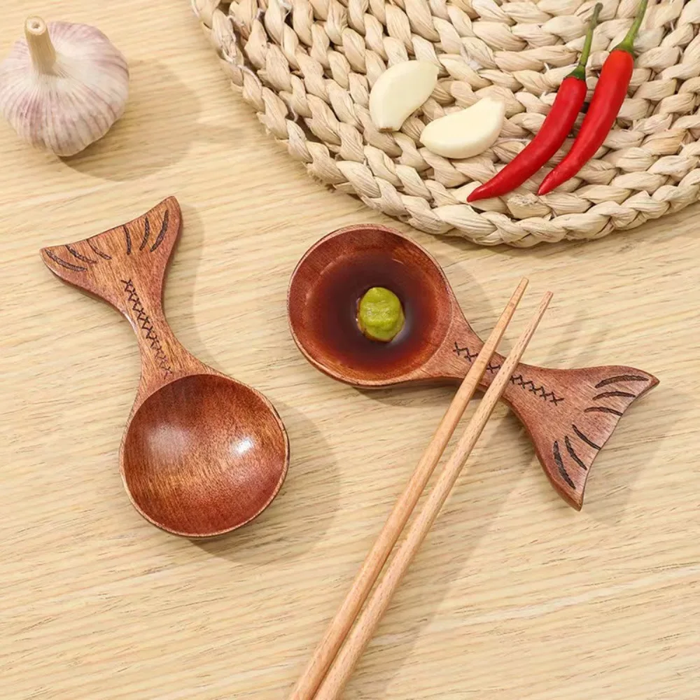 2pcs Portable Wooden Fishtail Shaped Spoon Japanese Short Handle Chopstick Rest 2 in 1 Sauce Dish Milk Powder