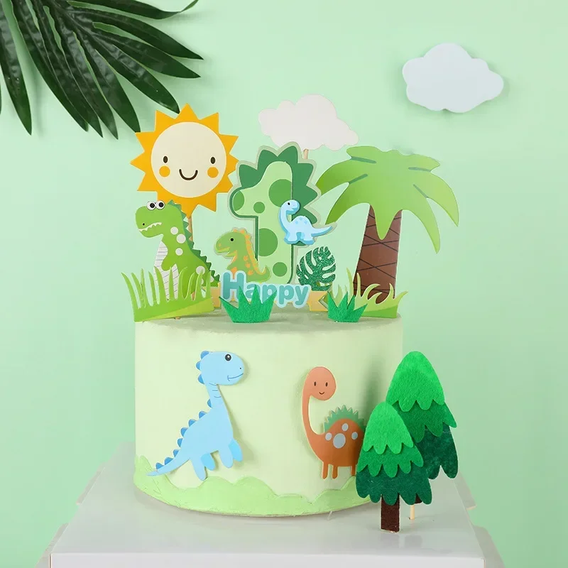 Dinosaur Palm Leaves Cake Toppers Happy Birthday Jungle Safari Party Decor Green Number 1 2 3 4 5 Year Old Kids Party Cake Decor