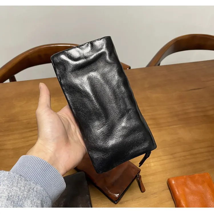 

casual handmade luxury first layer cowhide men's women's long wallet simple vintage high-quality genuine leather phone purse
