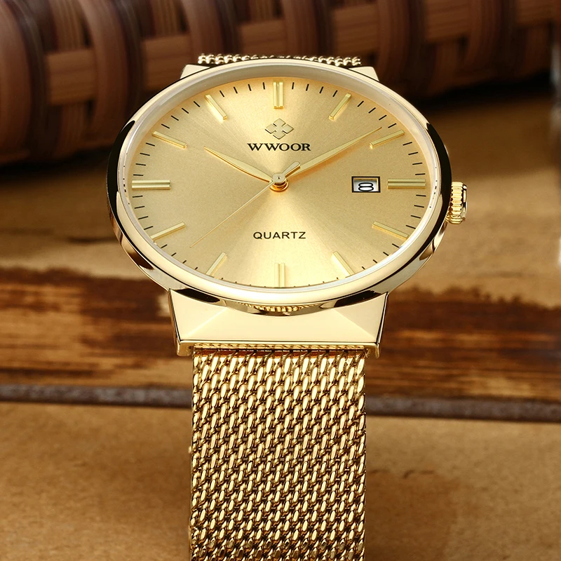 

2022 Fashion Wwoor Top Brand Men Simple Slim Watches Luxury Gold Steel Mesh Ultra Thin Waterproof Date Wrist Watch Golden Clock