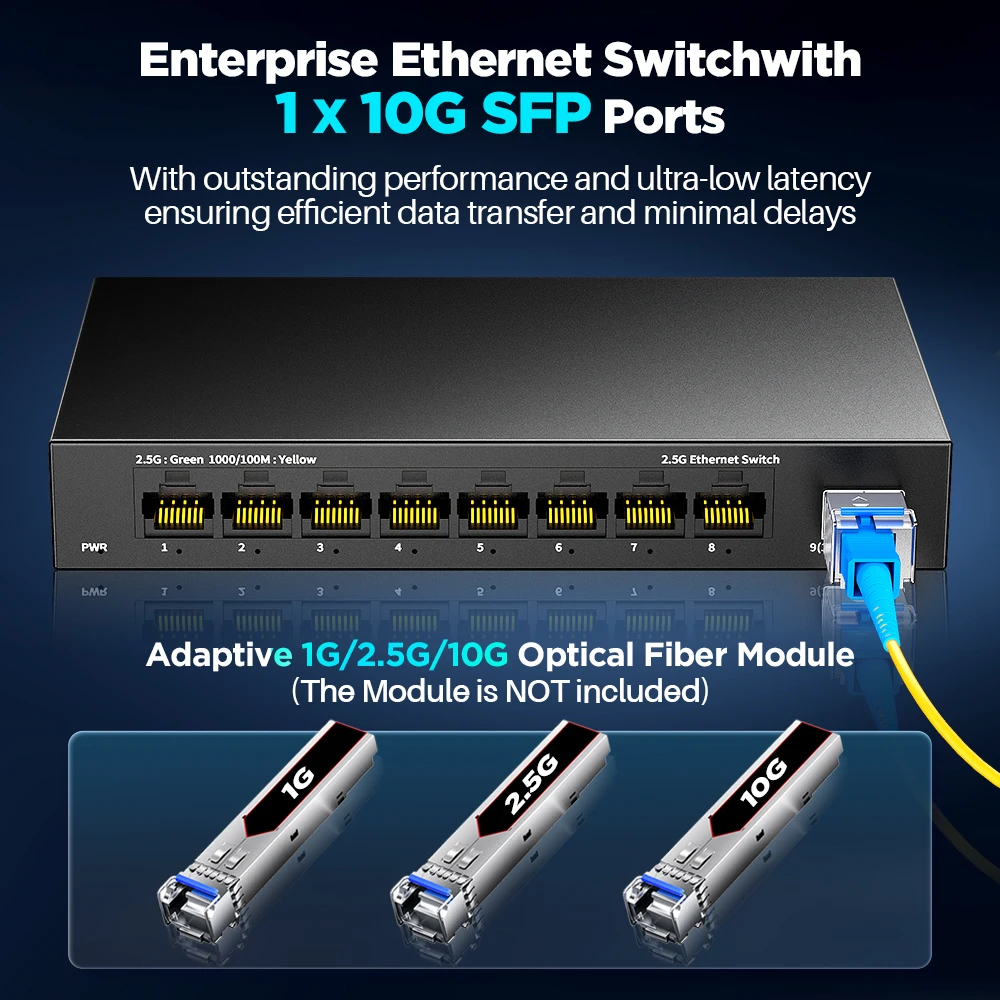 AMPCOM-conmutador Ethernet de 8 puertos 2,5 Gigabit no gestionado con SFP de 10G, Compatible con 10/100/1000Mbps, conmutador de red sin ventilador de Metal