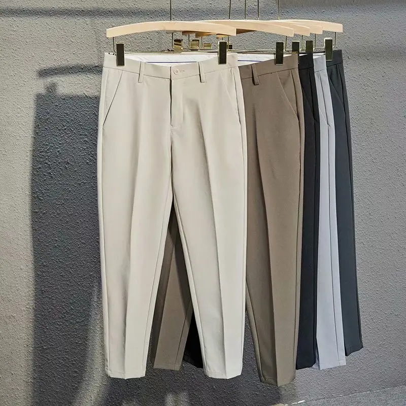 

Loose Straight Leg Men's Busin Casual Pants Elastic Waist Summer Faion Korean Sle Nine Points Trousers Youth ular