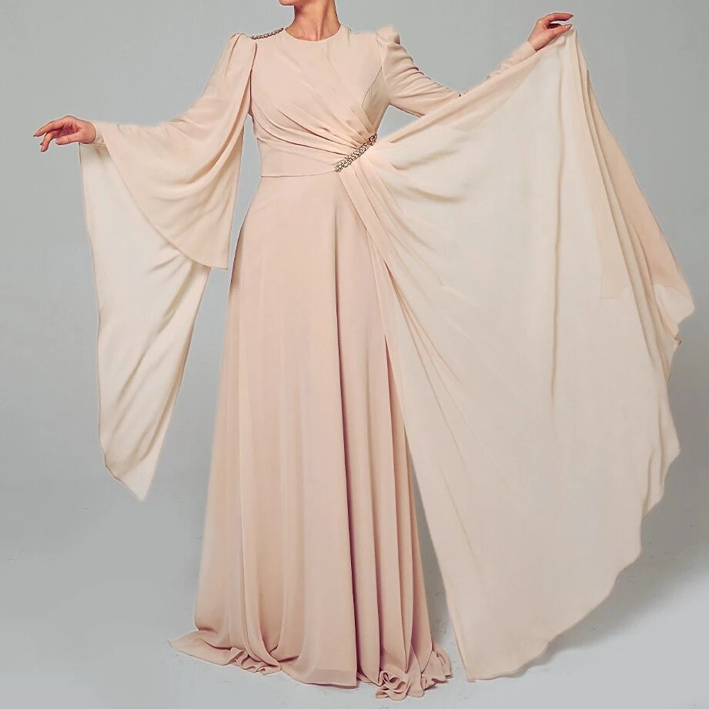 

Customized A-line Evening Dresses Floor-length O-neck Full Sleeve Prom Gown Fashion Crystal Pleat Simple Draped Party Gown