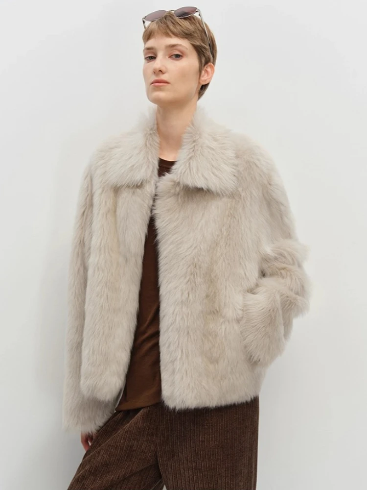 سترة فرو خروف توسكانا الفاخرة الراقية للنساء تصميم كلاسيكي بسيط وطية صدر السترة أنيق قصير للشتاء من الجلد الطبيعي معطف فرو حقيقي #3