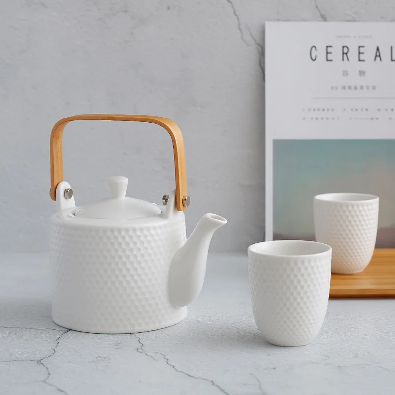 

900ml 30oz Elegant White Ceramic Porcelain Modern Japanese Style Teapot and Cups Set with Infuser for Home and Restaurant Use