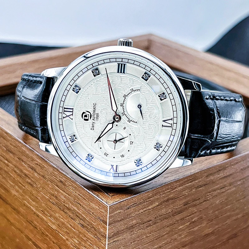 Men Embossed Diamond Automatic Mechanical Watch with 24 Hour Subdial Four Hands Luminous Transparent Case Back Large 41mm Dial