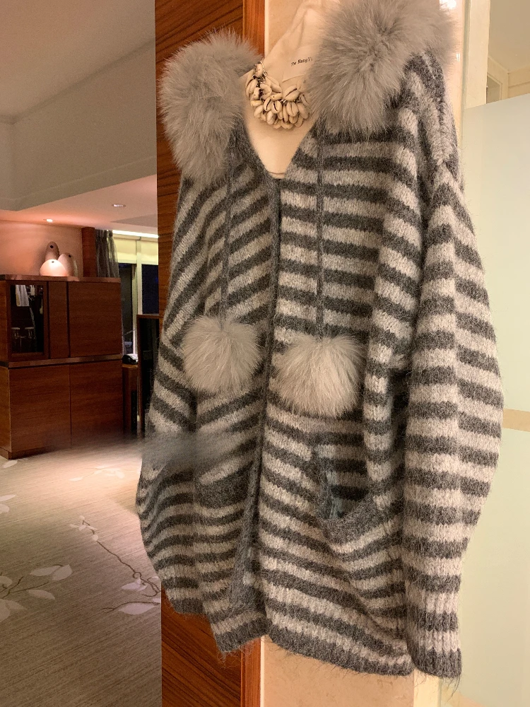

Harajuku Long Sleeve Hooded Cardigan Knit Women Casual Sweet Striped Sweater Pure Color Faux Fur Collar Streetwear 2025 Autumn