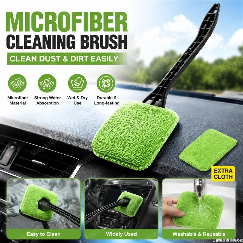 Microfiber Car Interior Cleaning Brush With Extra Cloth Wet Dry Reusable For Windshield Dashboard Glass Home Dust Cleaner
