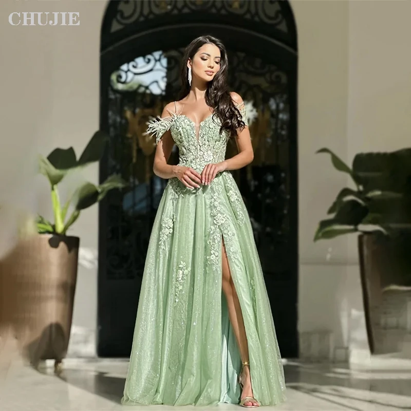 

Glitter Green Women Prom Dress Off Shoulder Evening Dresses Luxurious Feather Applique A Line Slit Wedding Party Gowns Robe