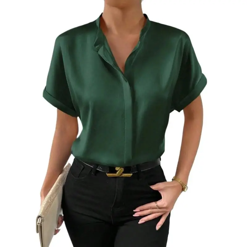 Chemises en Satin pour femmes, chemisiers décontractés, couleur unie, élégant, manches courtes, revers boutonné, hauts de bureau, vêtements féminins de luxe, 2025