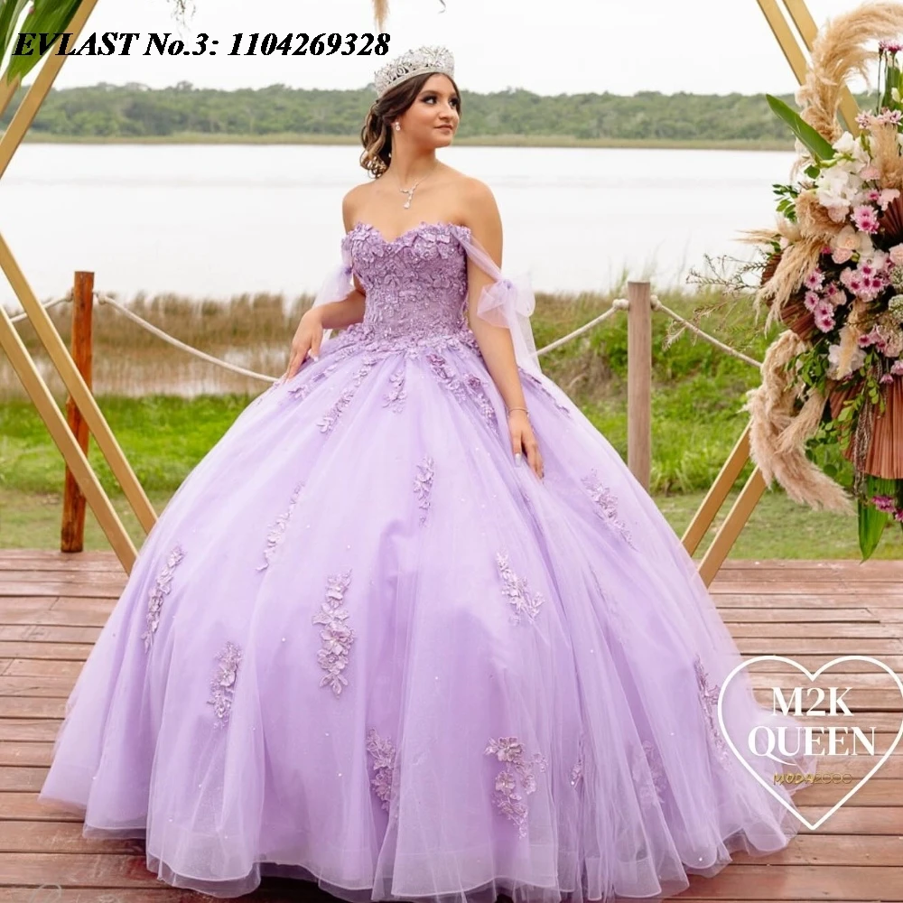 EVLAST Customized Elegant Lilac Quinceanera Dress Ball Gown Lace Applique Beaded Tie Corset Sweet 16 Vestidos De 15 Anos E3Q44