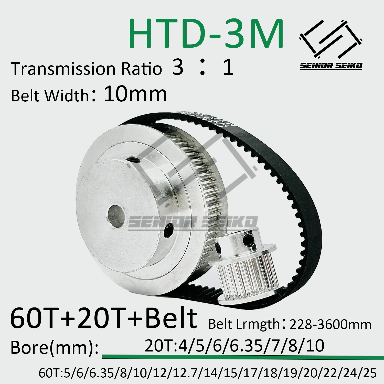 

HTD3M 60Teeth 20T Timing Pulley Belt Set Belt Width 10mm Bore 4~25mm Reduction 3:1 Deceleration 3M Pulley Kit Synchronous Wheel