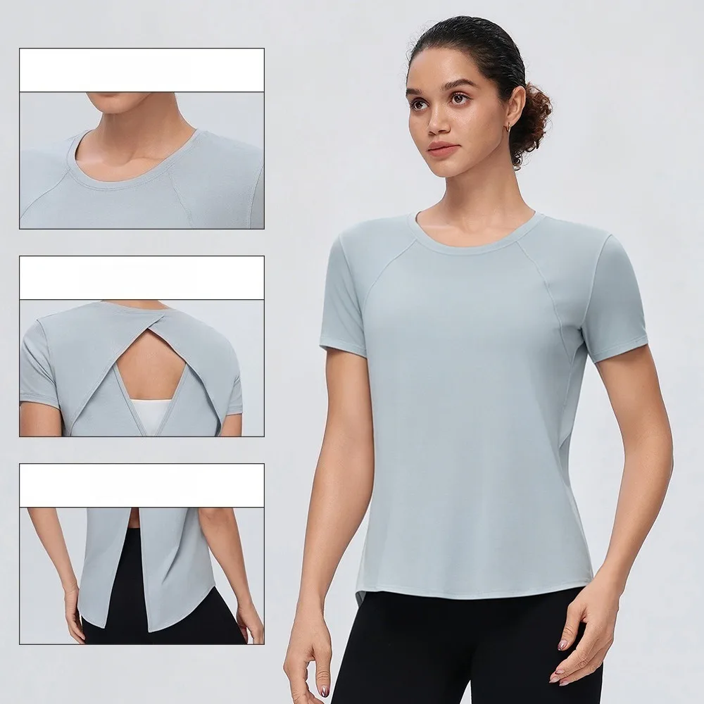 `Women Short‑Sleeve Yoga Cover‑Up Open‑Back Workout Tee Breathable Athletic T‑Shirt for Running Fitness Sports`