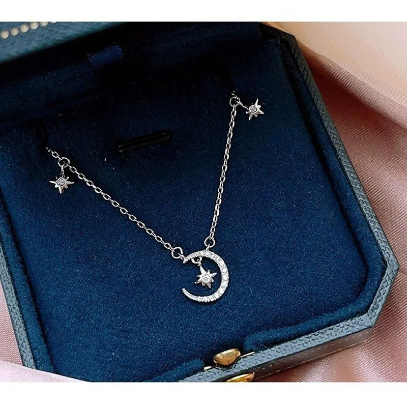 

Настоящее серебро 925, блестящее циркониевое колье со звездой и луной, колье de Prata для женщин, классические ювелирные изделия, геометрические аксессуары