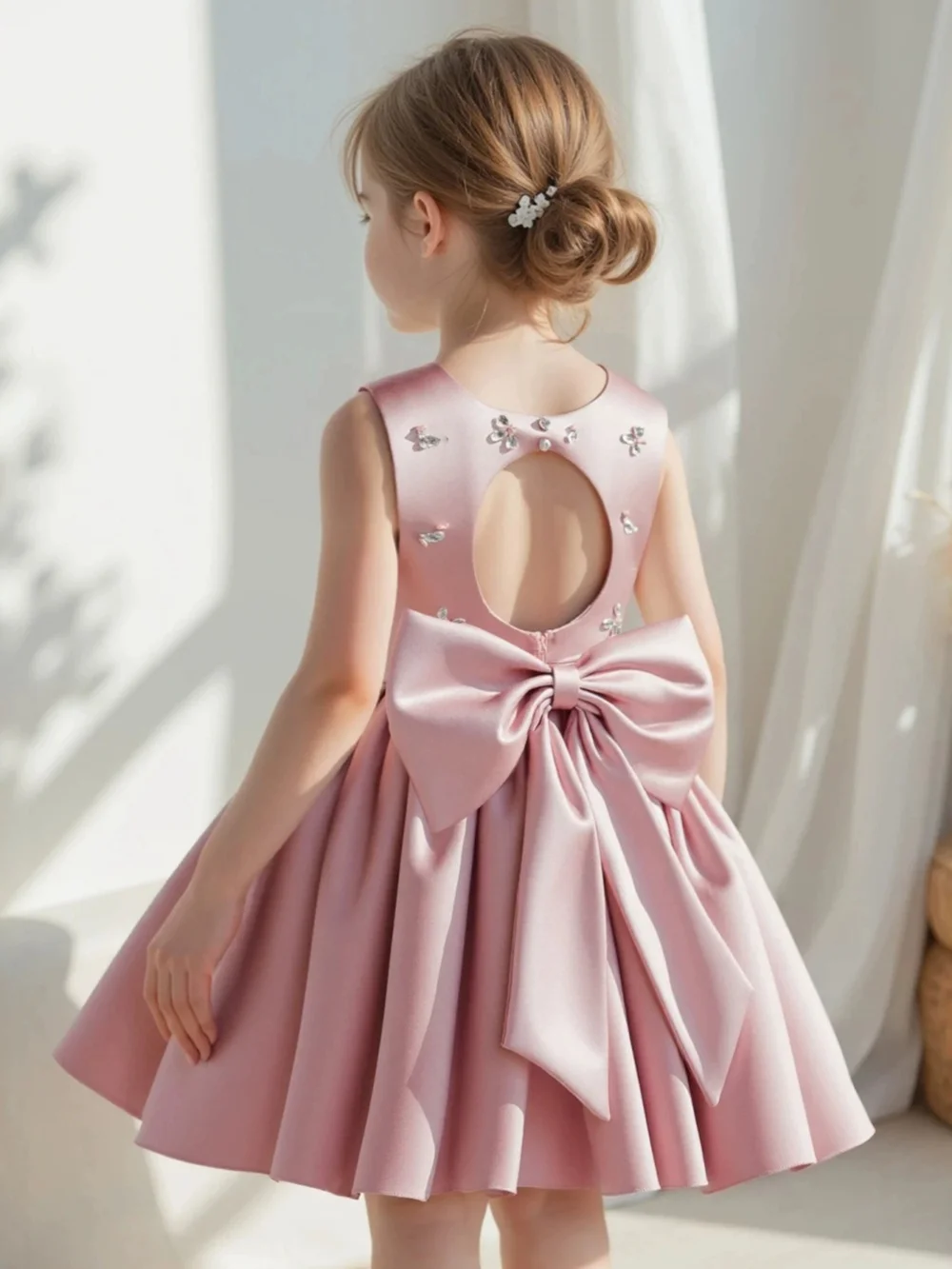 Puffy Sparkly Rhinestones Kids Princess Gown For Birthday Party Classic Elegant Satin Sleeveless Girls Dresses For Performance
