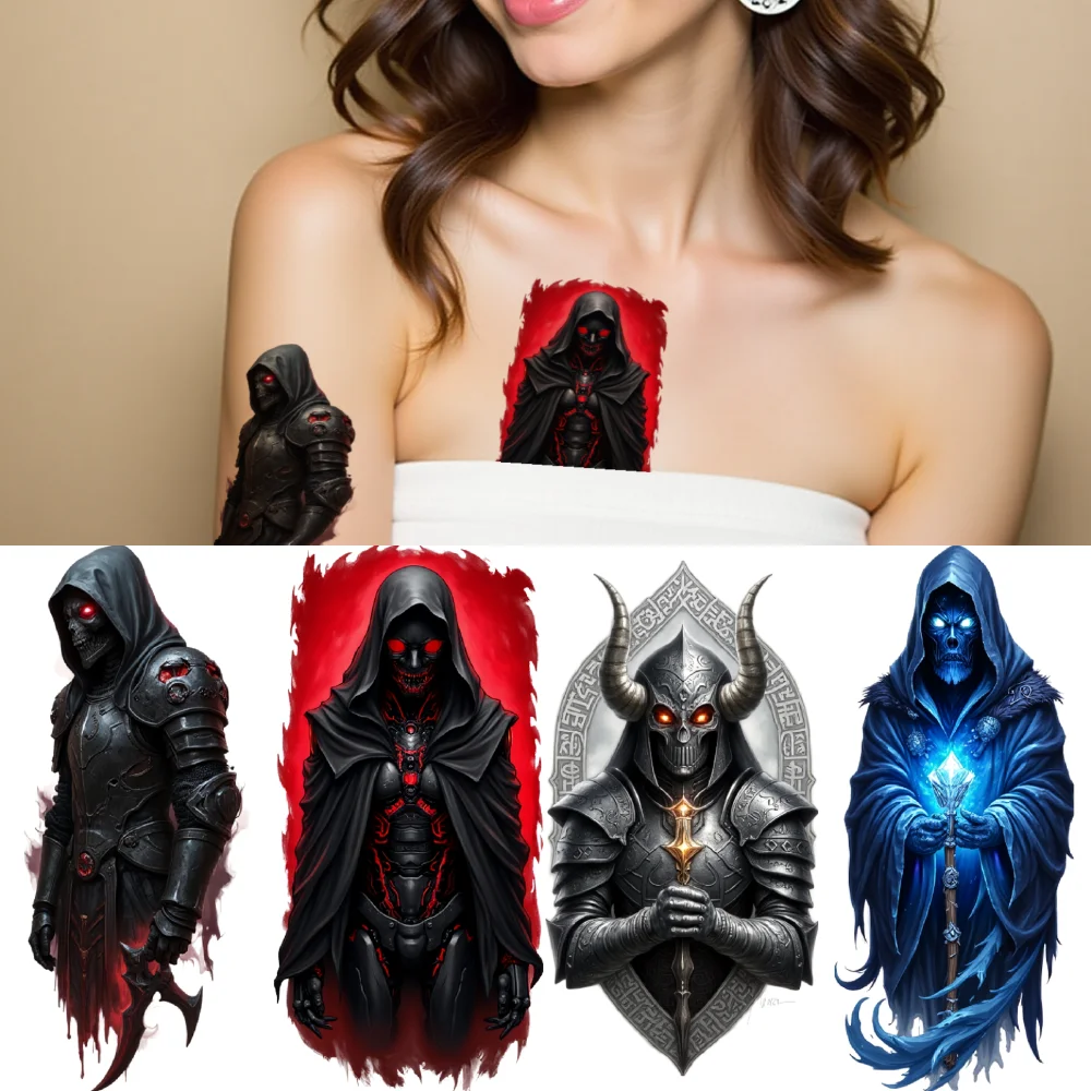 

3pcs Temporary Tattoo Hooded Figure Horned Helmet Skeleton For Arms Women Men