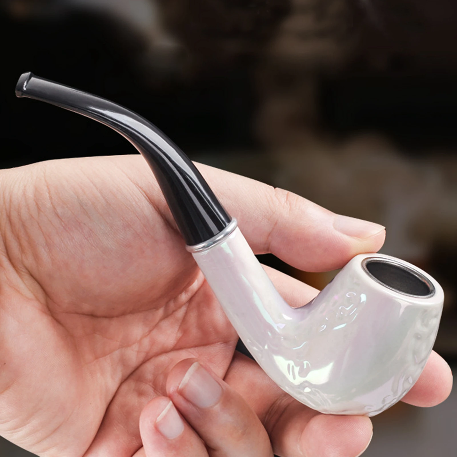 1pc Resin Wooden Tobacco Pipe, Curved White Colorful Filter Tobacco Pipe, Smoking Pipe, Smoking Accessories