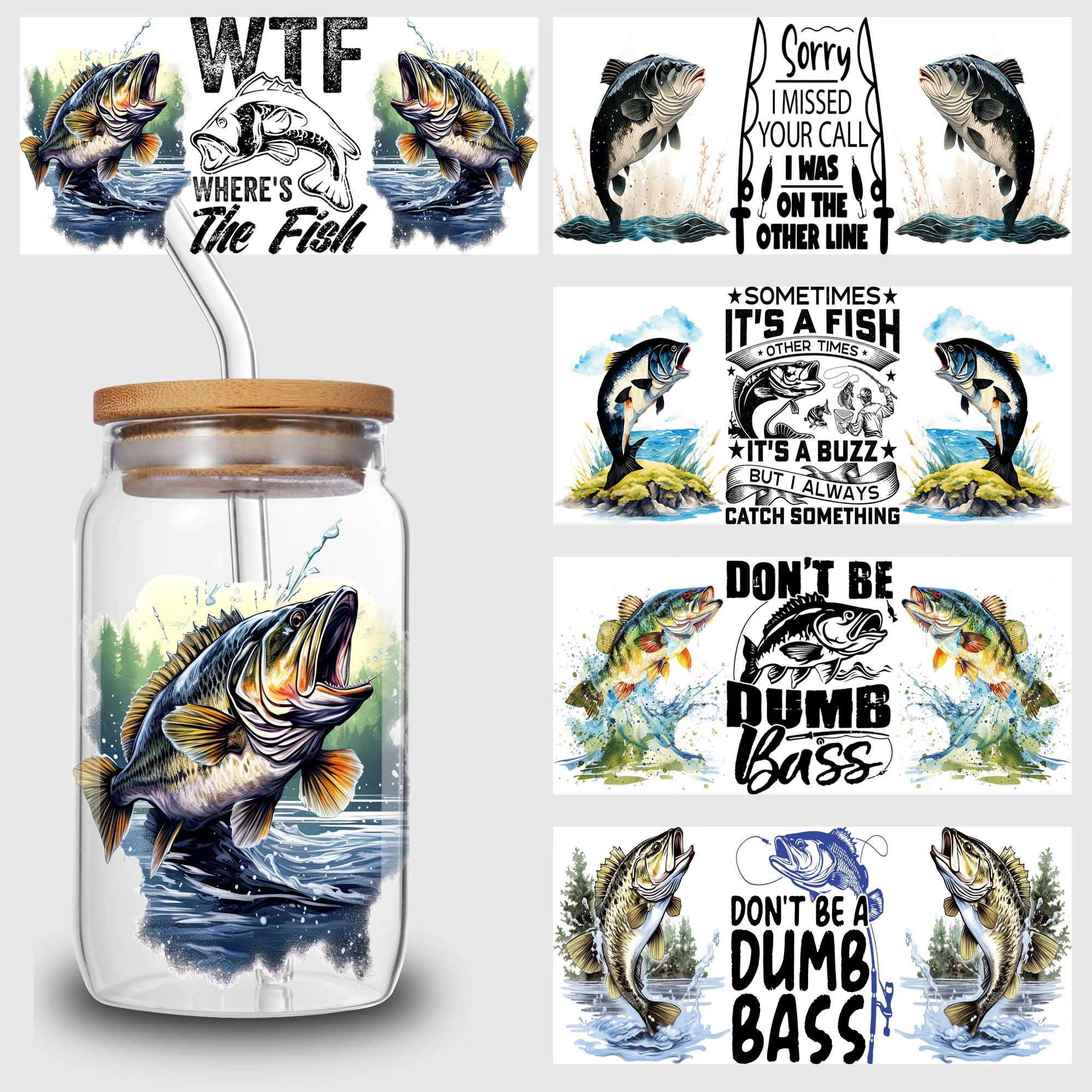 

5 sheets of fishing UV DTF cup holder 16 oz, DTF cup holder transfer glass, water bottle waterproof sticker