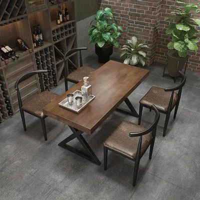 

High Quality Modern Design Industrial Metal Frame Wooden Bar Dinner Kitchen Dining Restaurant Table Set