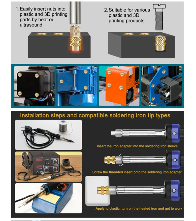 M2 M2,5 M3 M4 M5 M6 Messing Einsatz Mutter Kit Wärme Gewinde Einsatz Hot Melt Injektion Mutter Werkzeug Lötkolben Spitze Set für 3D Druck – Detail 4