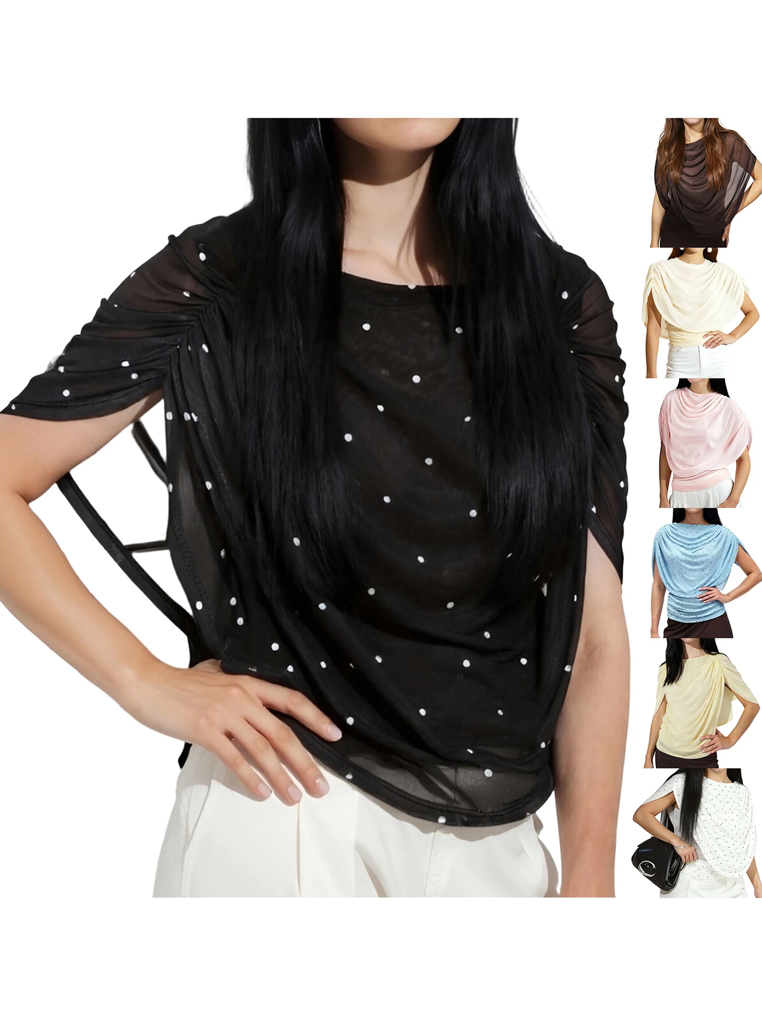 Blusa elegante de gasa con estampado floral, escote barco con volantes y mangas tipo capa de doble capa para un estilo elegante de verano