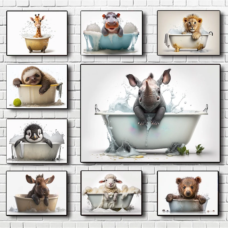 classic Abstract Beautiful Cute Animals lion Calf and Duck Bathtub bath Posters Canvas Prints Art Home Room Bathroom Wall Decor