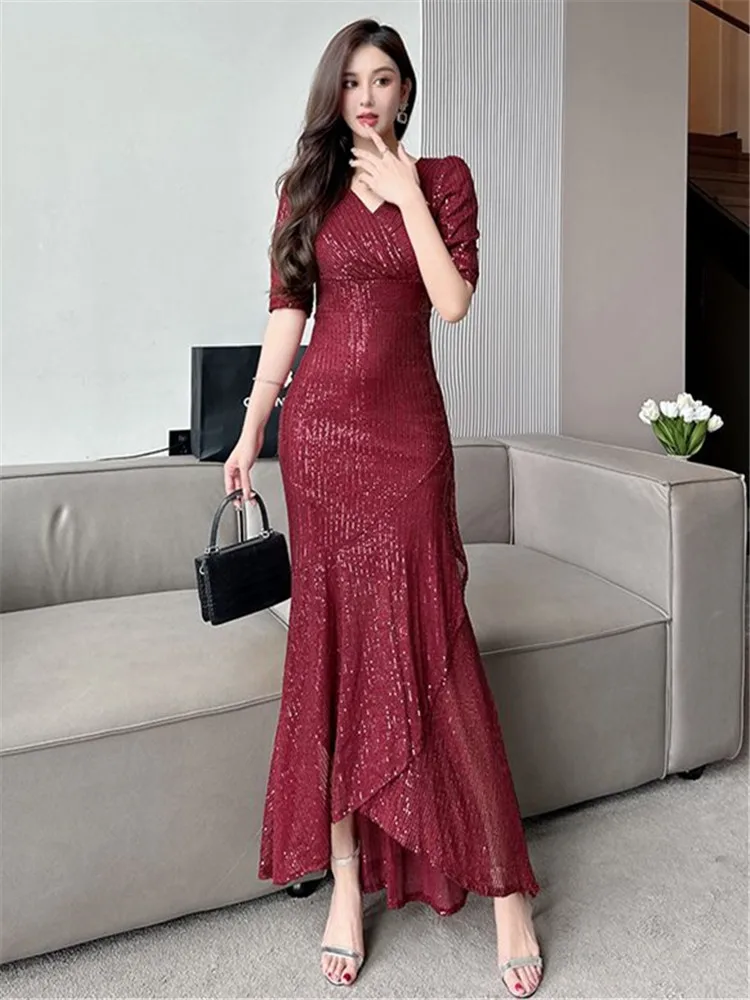 Dress Women's Spring Summer Solid Color Sequin V-neck Five-point Sleeve Irregular Long Fishtail Skirt Slim Female Clothing M191