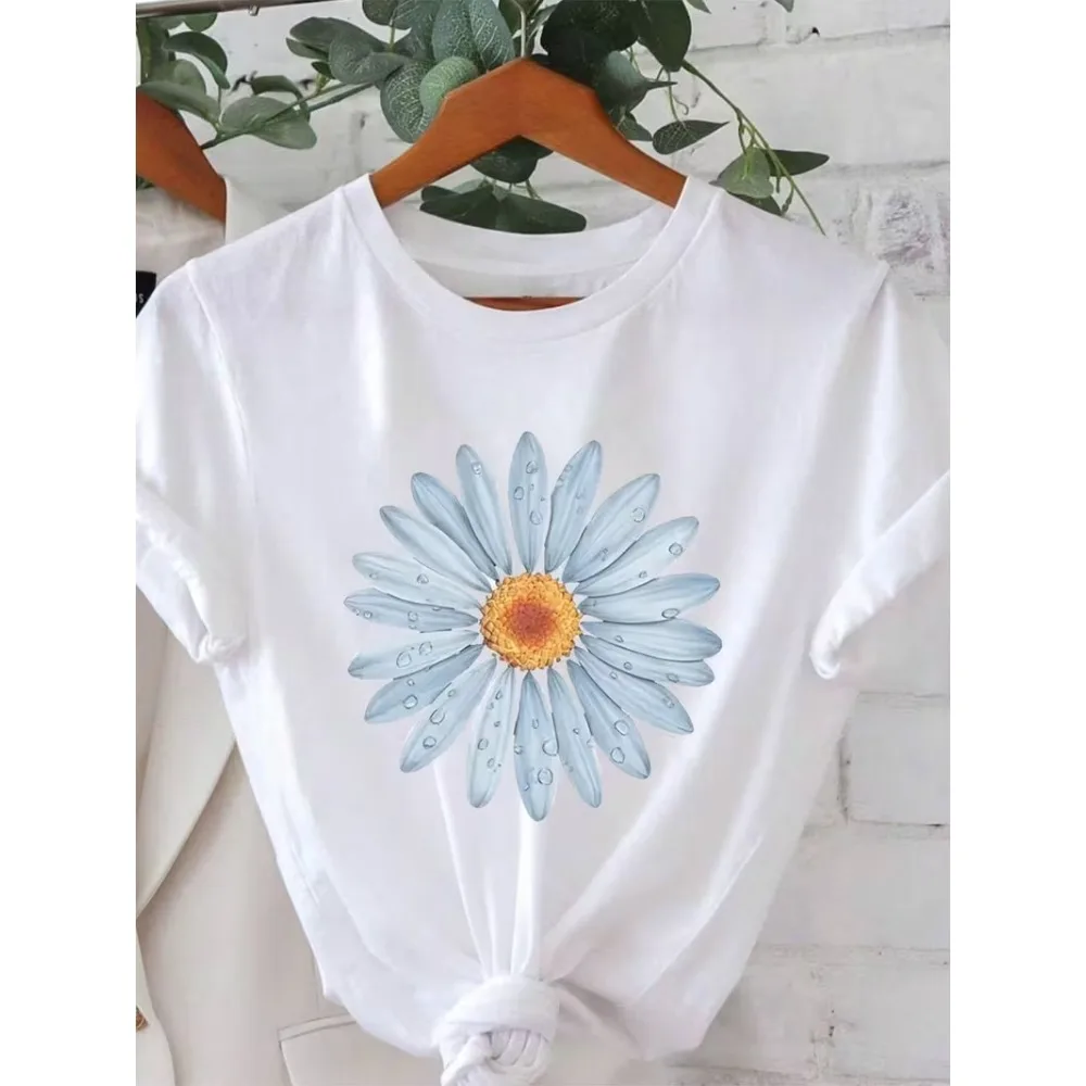 Daisy Flower Print T-shirt Casual Large White Daisy Graphic Short Sleeve Round Neck Tops Women Spring Summer Essential Tee