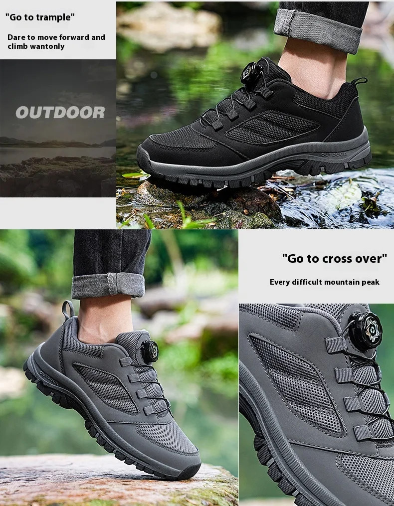 Men'S Large 39-48 Spring And Autumn Outdoor Sports Lace Rotating Buckle Comfortable Anti Slip Wear Resistant Hiking Shoes