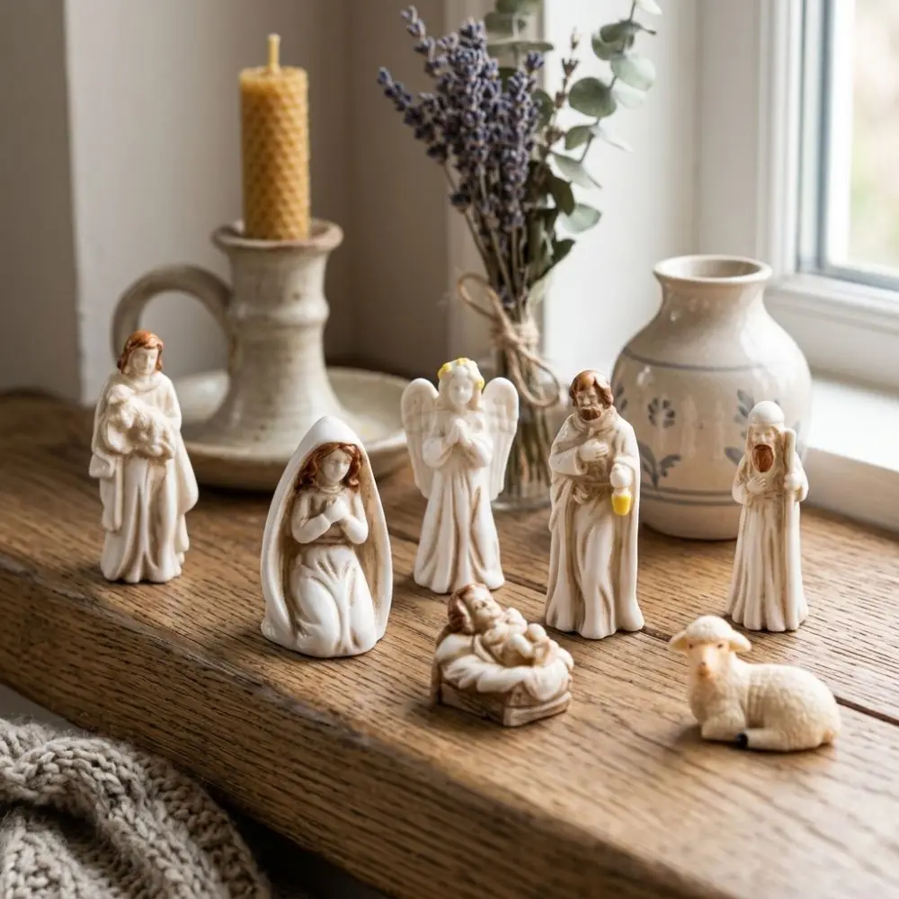 7Pcs Miniature Nativity Scene Figurine Set Vintage Small Figurine Christmas Manger Resin Statues Resin Craft Collectible