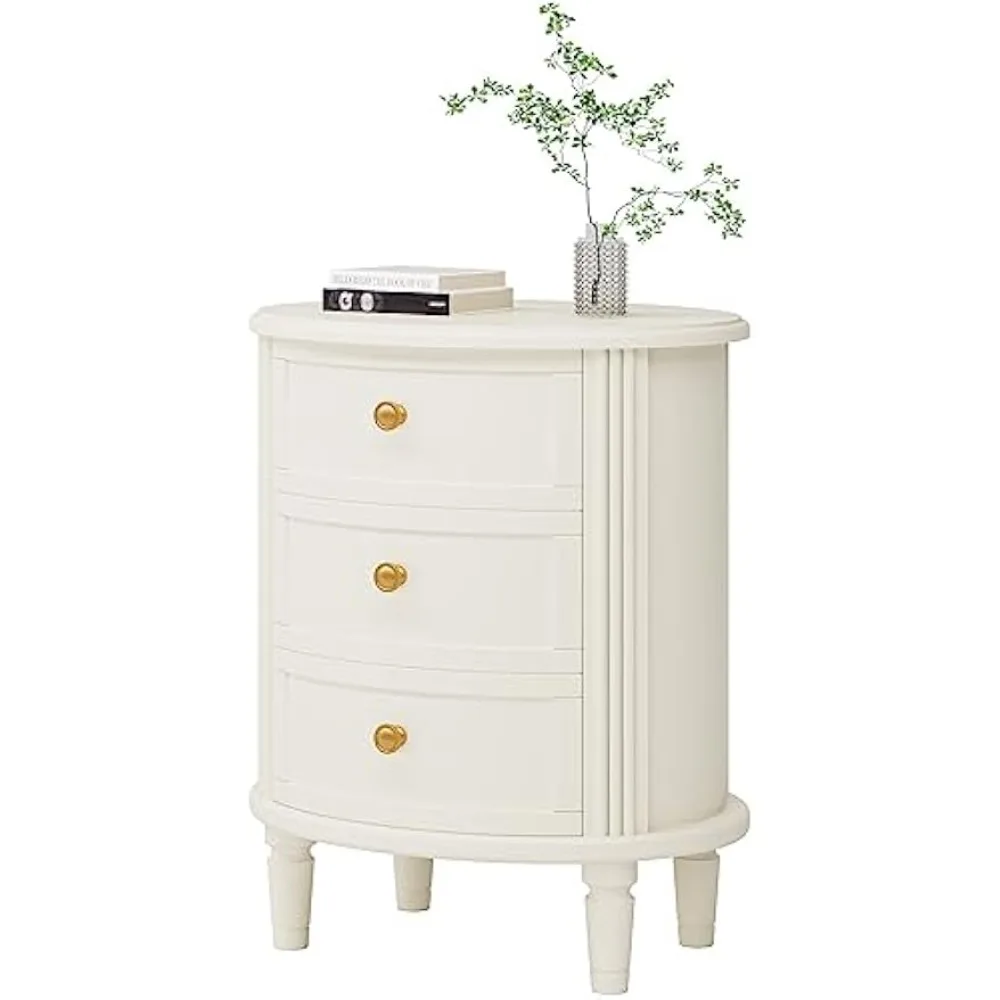 

No Assembly Nightstand with 3 Drawers, Farmhouse Off-White Bedside Table for Bedroom, All Wooden Oval Nightstand with Storage