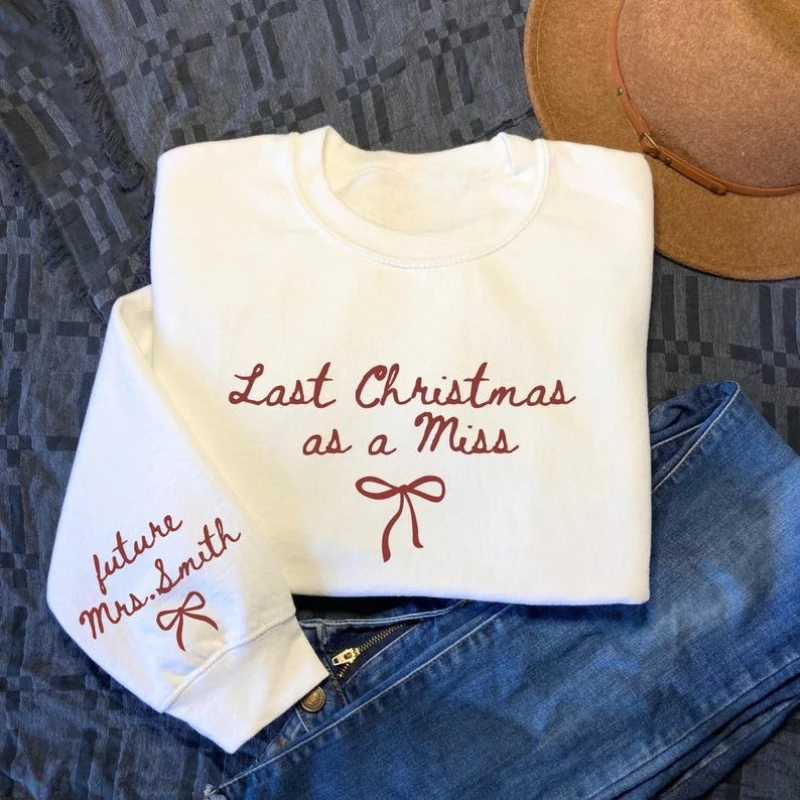 Last As A Miss Christmas Hoodie with A on The Sleeve Red Bow Design Winter Sweatshirt Gift for Her Thermal Hoodie Pullover