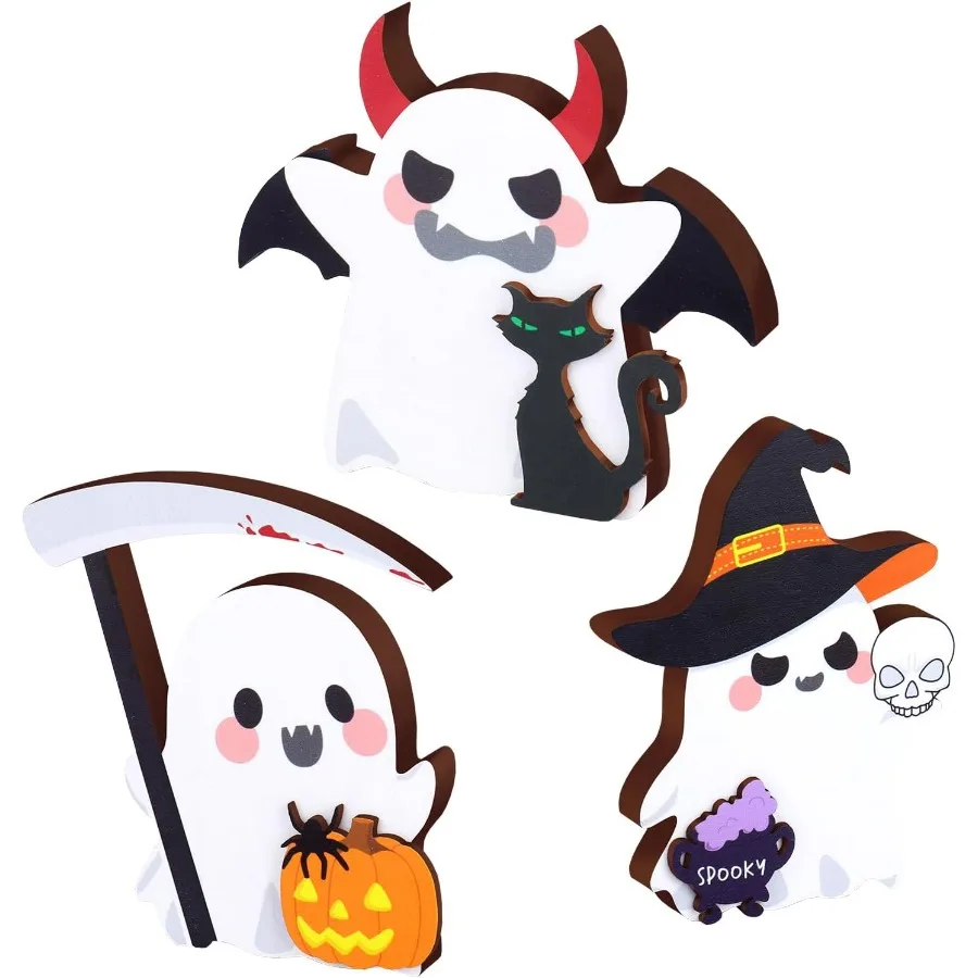 ของตกแต่งฮาโลวีนรูปผีตลก 3 ชิ้น ของตกแต่งภายในบ้านสุดหลอนสำหรับวางบนโต๊ะและถาดวางของ ของตกแต่งฟักทองรูปผีน่ารักสองด้านสำหรับงานปาร์ตี้หรือตกแต่งบ้าน