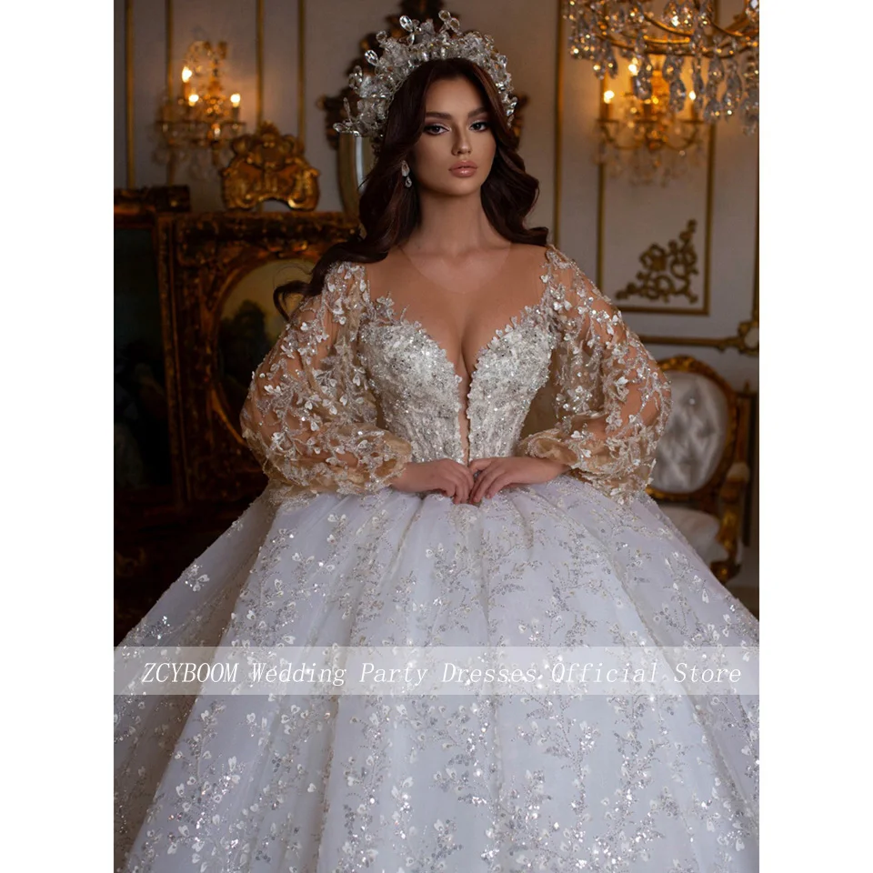 

Luxury Scoop Neck Sequin Appliques Full Sleeves Wedding Dress 2023 Ball Gown Floor Length Sweep Train lantern Sleeve Bridal Gown