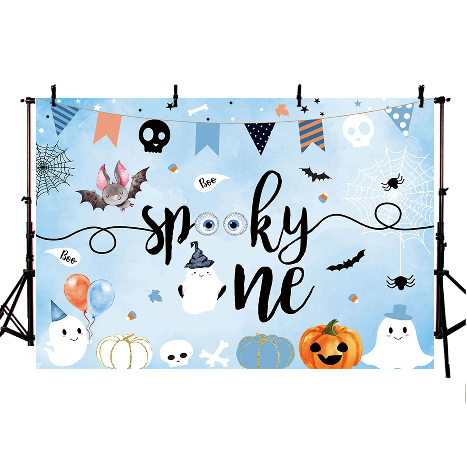 Halloween Spooky One Backdrop Watercolor Blue or Pink Happy 1st Birthday Party Decor Pumpkin Boo Bat Ghost Spider Web Background