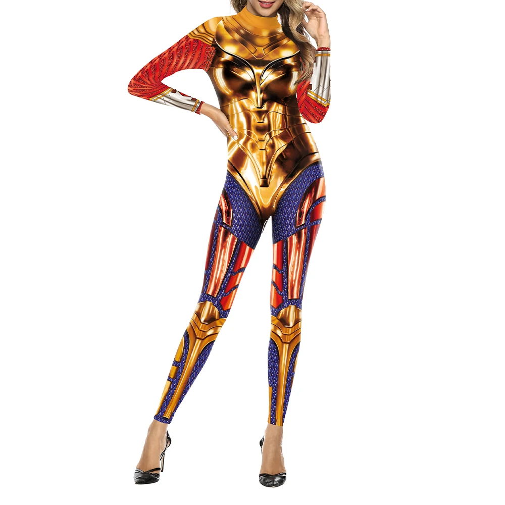 Carnaval Superheld Cosplay Kostuum Vrouwen Print Jumpsuit Outfit Fancy Kleding Volwassen Bodysuit Zentai Nauwsluitend Gevechtspak