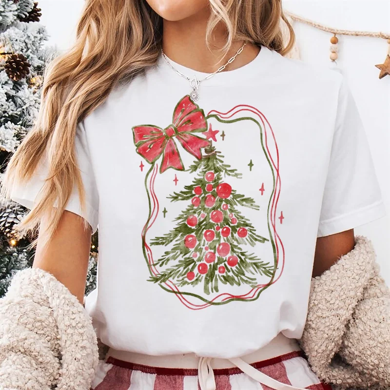 

Christmas Tree Bow Print Pattern Popular Women's Sweet T-Shirt Cartoon Clothes Women's Style Top Round Neck Basic White T-Shirt
