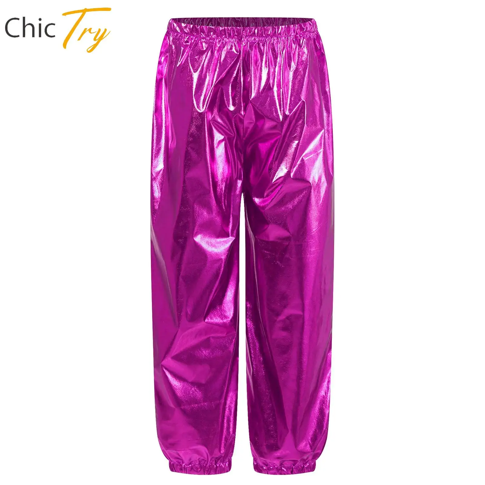 Kids Boys Girls Jazz Dance Metallic Pant Cheerleading Costume Elastic Waistband Trouser for School Show Dance Party Performance