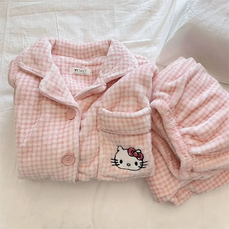 Kawaii Hello Kittys Coral Velvet Pajamas Women Winter Velvet Thickened Warm Sweet Home Clothes Suit Girls Plaid Sleepwear Cute