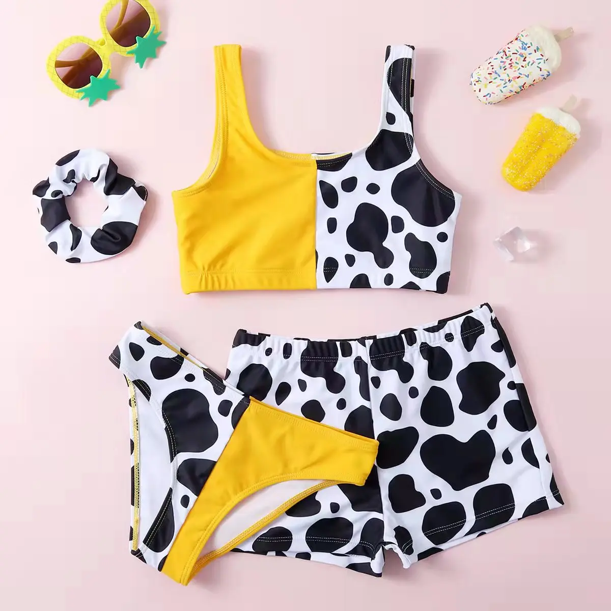 Girls 3pack Cow Print Bikini Sets with Short Pants Kids Swimsuit 7-12 Years Children's Swimwear Beach Cute Teens Bathing Suit