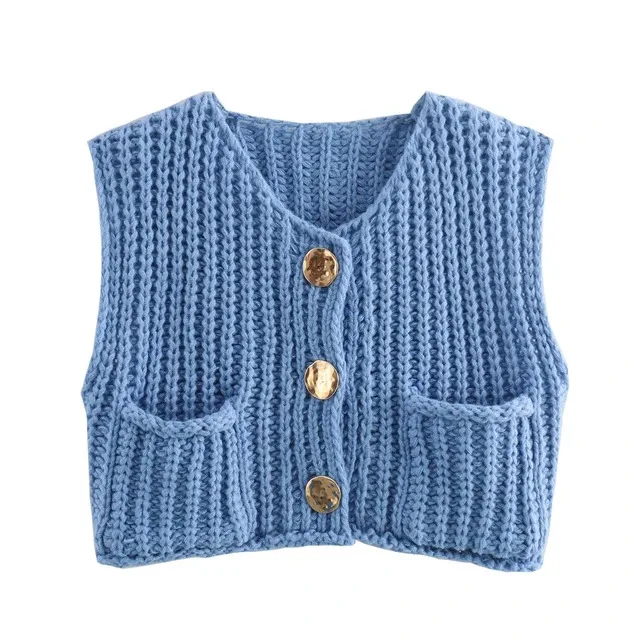 New Spring Fashion Women Short Vests Solid O-Neck Sleeveless Pocket Decoration Single Breasted Female Vintage Knitted Tops