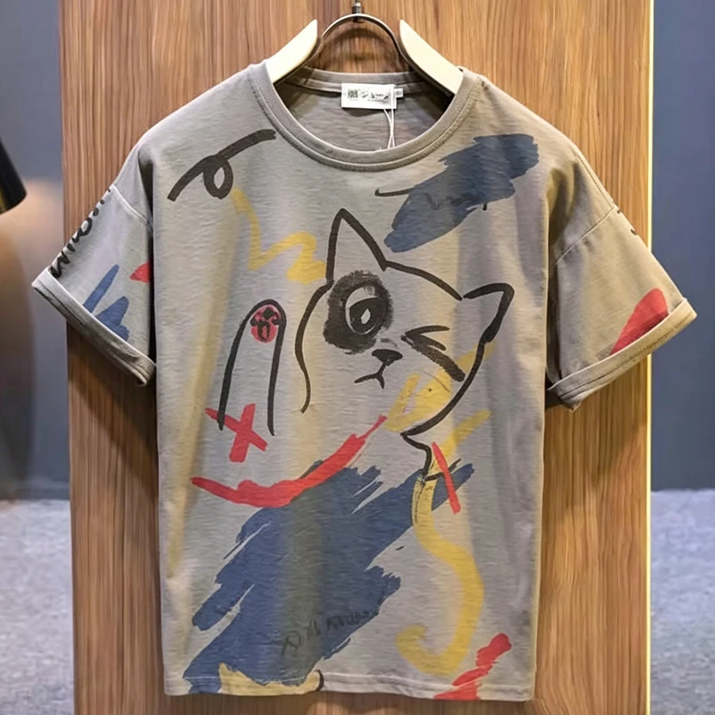 Summer New Fashion Printing T-Shirts Man Round Neck Casual Short Sleeve Pullovers Pure Cotton Loose Y2K All-match Vintage Tops