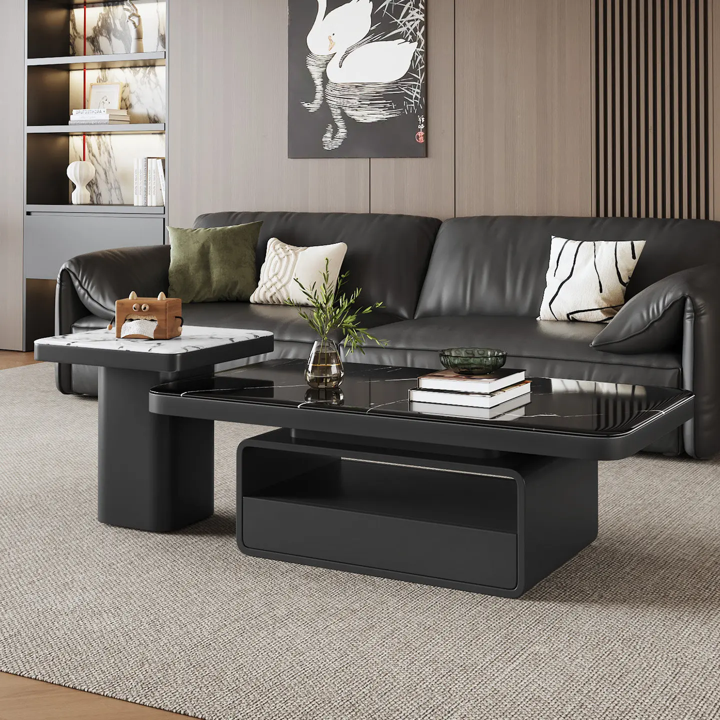 Light Luxury High-end Microcrystalline Stone Coffee Table Combination, Household Black Minimalist Rectangular Rock Slab