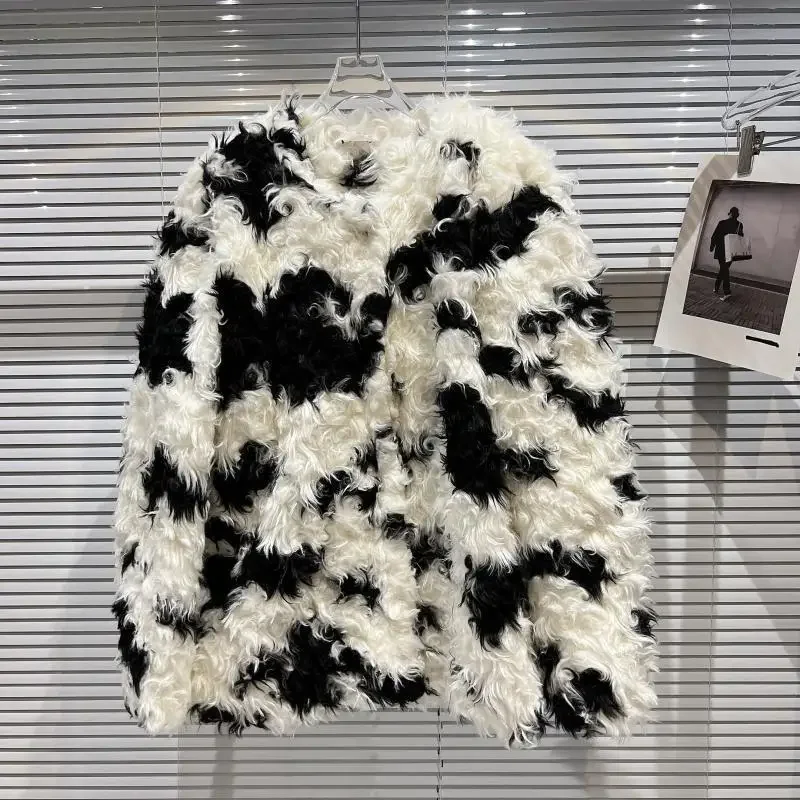 Winter Cow Pattern Curly Coat for Women Imitation Fur Women's Clothing Plush Winter Thick Warm Fur Long Sleeve Fashion Tops 1Pc