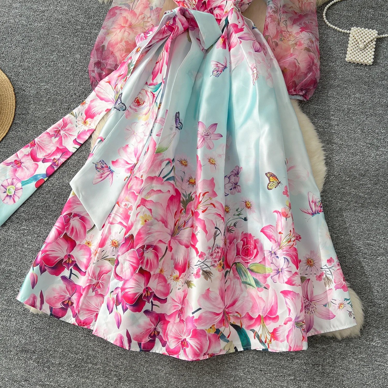 Bloemwikkeljurk Dames V-hals Lange lantaarnmouwen Chiffon Patchwork Dik satijnen bandage Lace Up Lange feestjurken