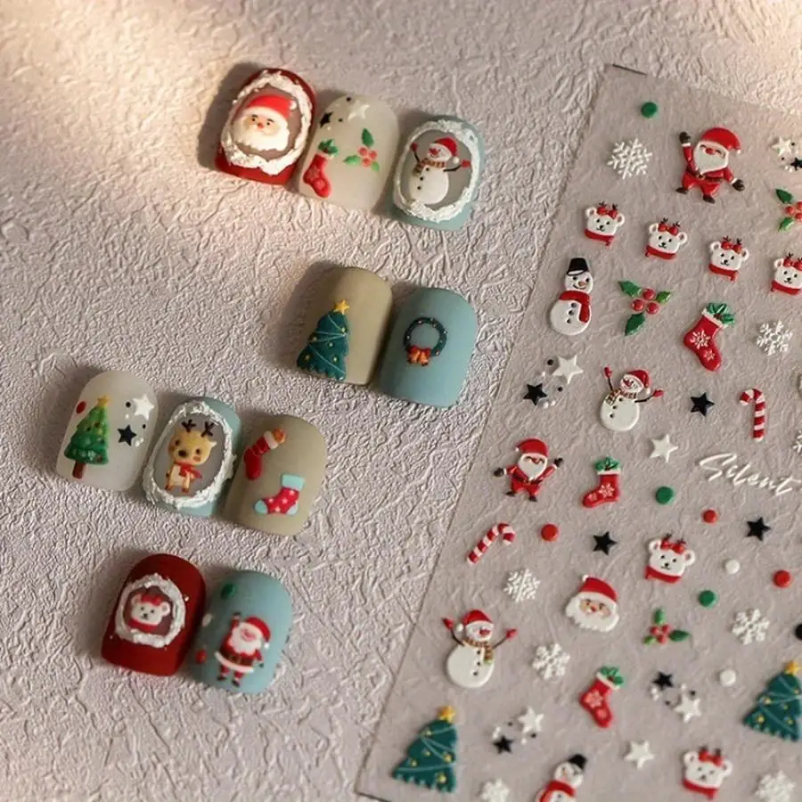 1/5/10/20/50/100pcs Adorable Christmas sticker featuring a snowman and Christmas tree for nails—Perfect self-adhesive decoration